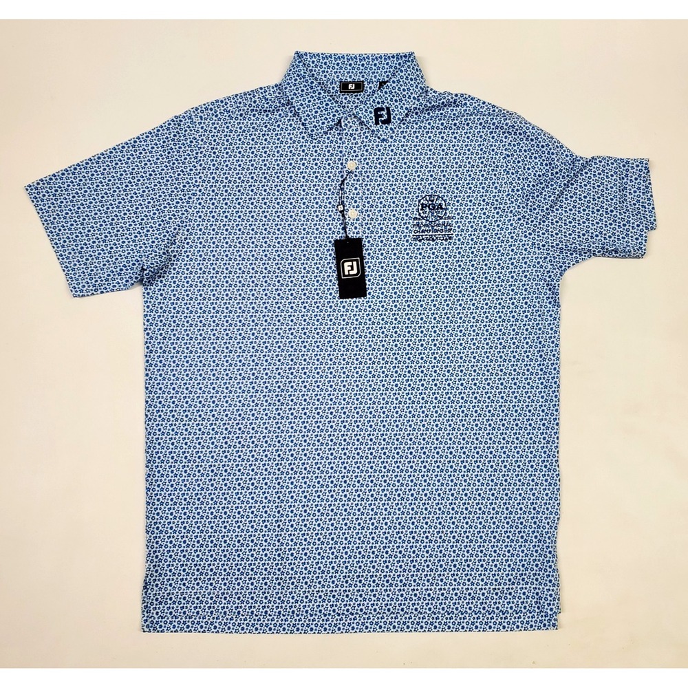 FJ FootJoy Allover Floral Lisle Polo shirt Large Marine White PGA Golf Club